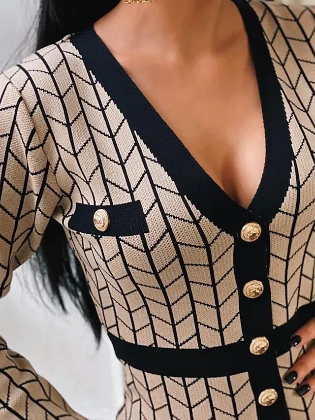 Women's Sweater Dress Jumper Dress Winter Dress Midi Dress Daily Casual Plaid Outdoor Home Casual Daily V Neck Long Sleeve Button 2023 Regular Fit Black khaki One Size