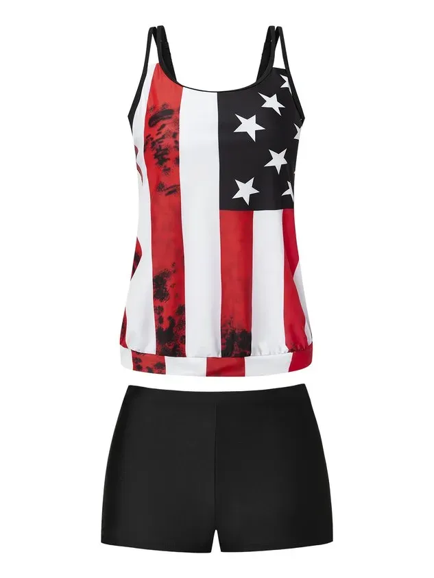 Casual America Flag Printing Scoop Neck Tankinis Two-Piece Set
