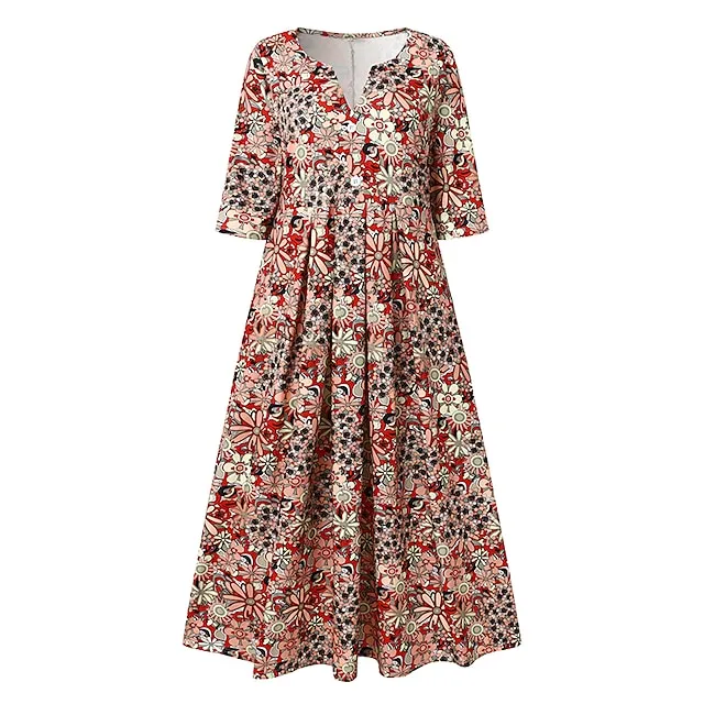 Women's Casual Dress Ethnic Dress Midi Dress Red Half Sleeve Floral Print Fall Spring Summer V Neck Casual Vacation 2023 S M L XL XXL 3XL