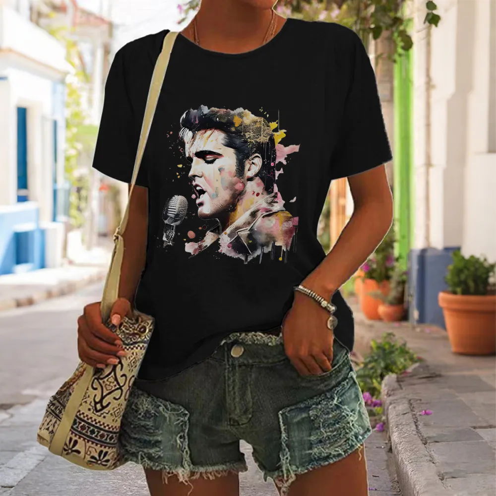Women's The King Sing Print Short Sleeve Round Neck Cotton T-Shirt