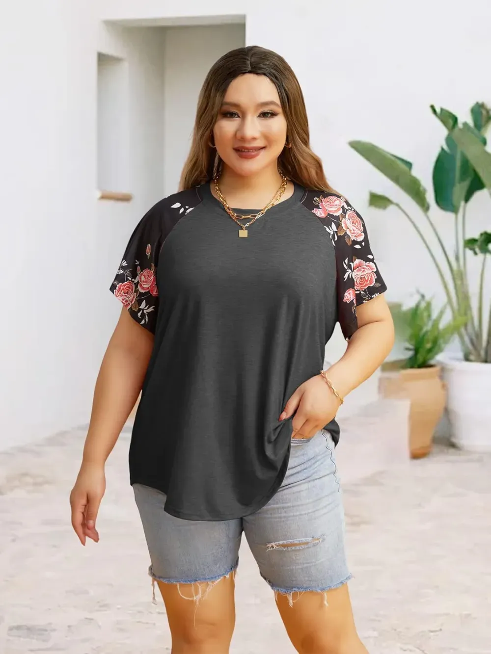 HDLTE Womens Plus Size Tops Floral Bell Sleeves Blouses Summer Crewneck Tunic Loose Casual T Shirts