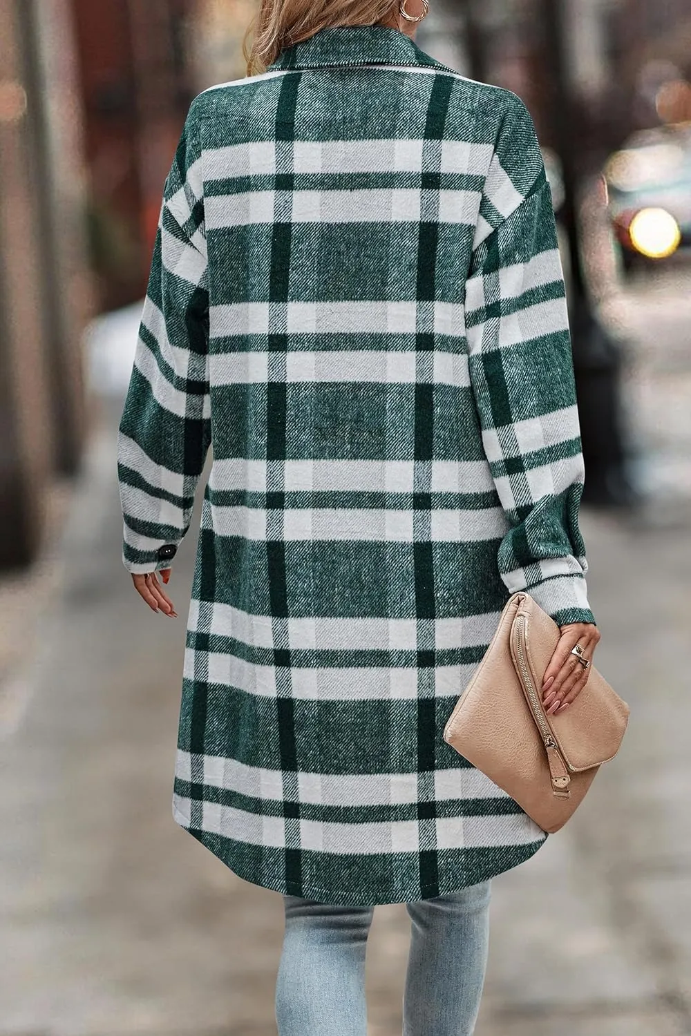 Women's Plaid Shacket 2023 Long Sleeve Button Up Flannel Shirt Winter Tartan Jacket Woolen Coats