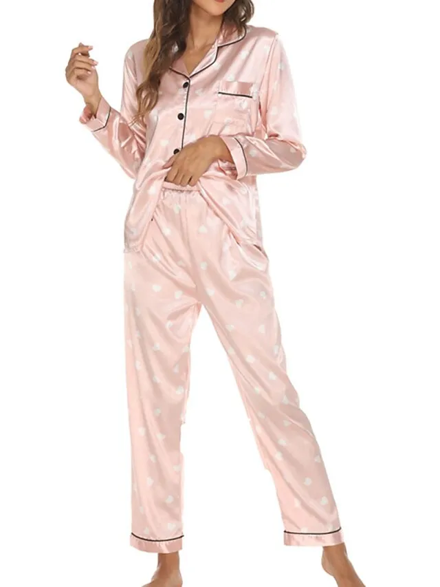 Women's Pajamas Sets Nighty Pjs 2 Pieces Heart Stripe Fashion Comfort Home Satin Lapel Long Sleeve Pant Button Fall Spring Light Pink Green / Silk / Flower / Feather