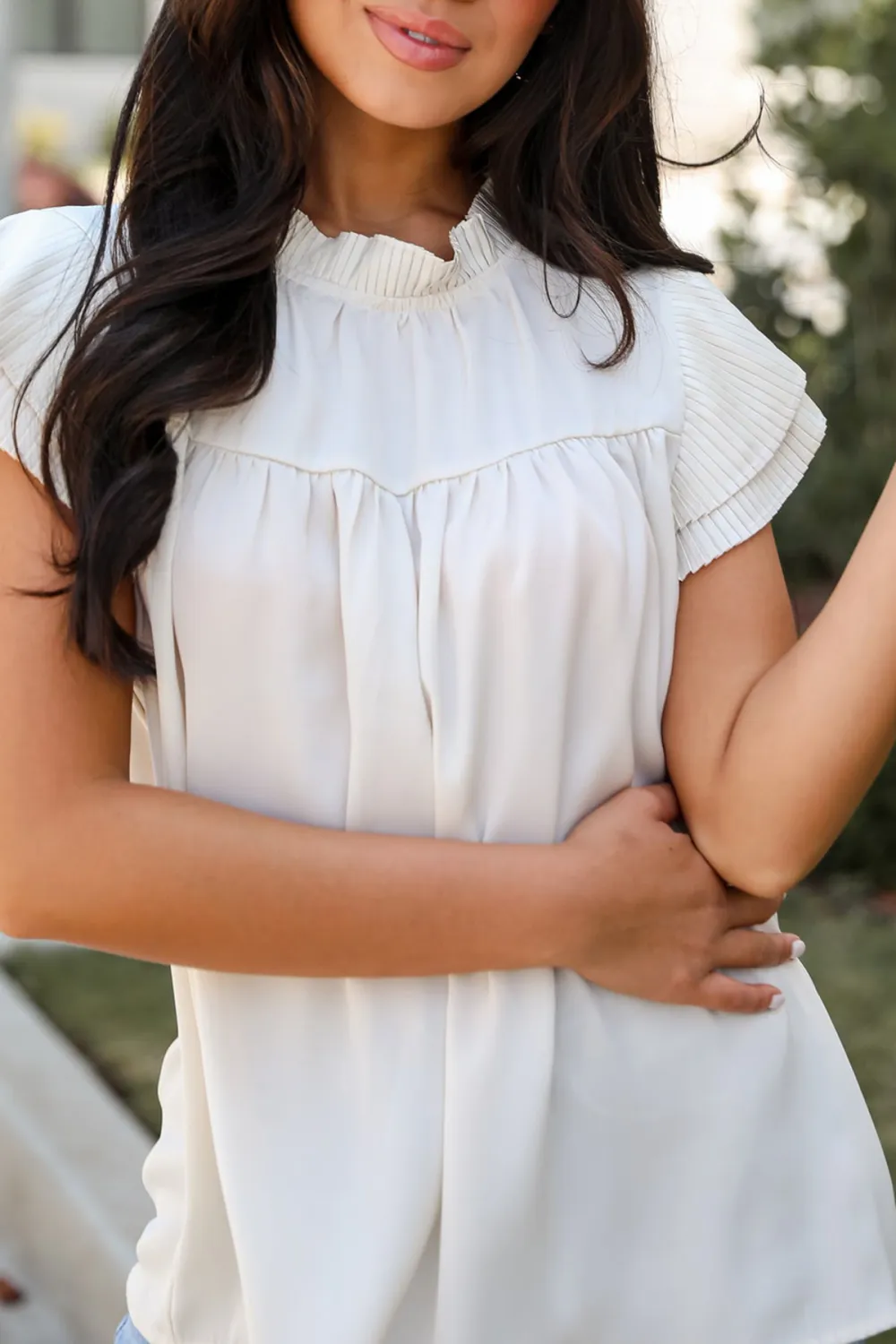 Convincing Aesthetic Cream Ruffle Blouse