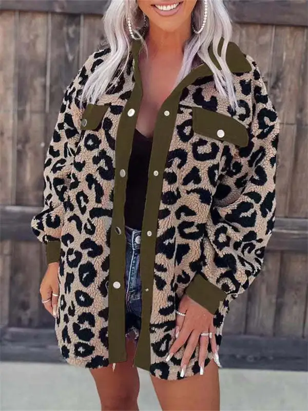 Leopard Print Pocket Casual Fur Jacket