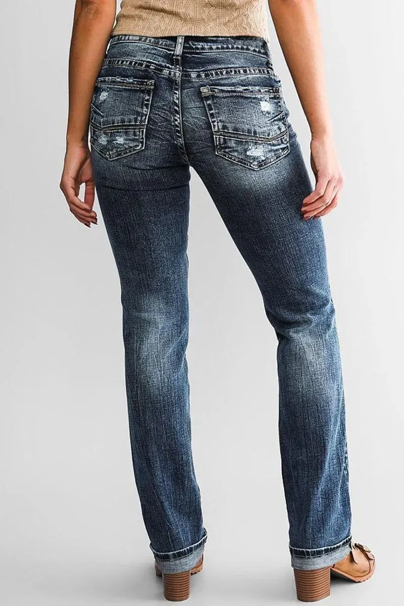 Mid Waist Wash Straight Leg Jeans