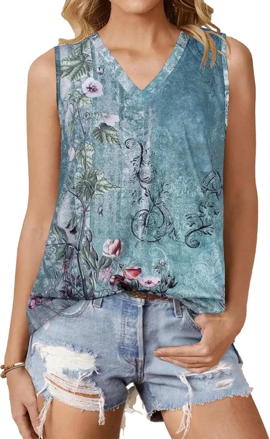 Summer Tops for Women Sleeveless V Neck Tshirt Loose Fit Casual Tank Tunic Blouse