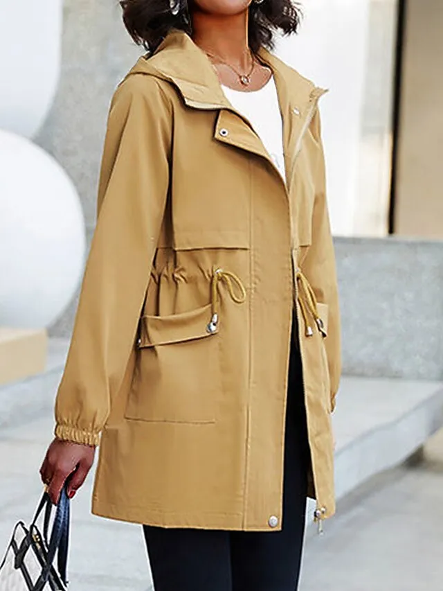 Women's Trench Coat Fall Outdoor Zipper Plain Breathable Streetwear Regular Fit Outerwear Long Sleeve Black M