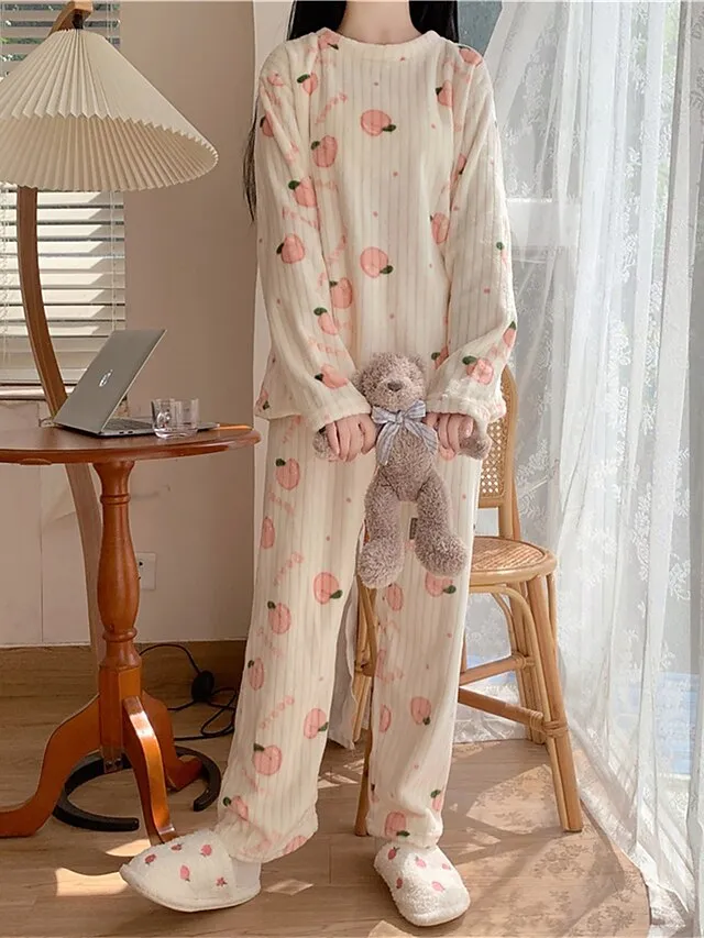 Women's Fleece Loungewear Sets Fluffy Pajama Fuzzy 2 Pieces Bear Peach Fashion Casual Comfort Street Daily Date Polyester Warm Crew Neck Long Sleeve Pant Fall Winter Lotus Pink Black