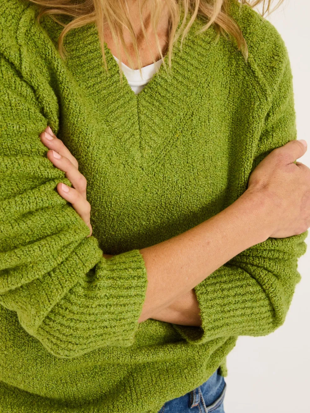 Green Bonnie Boucle V-Neck Jumper