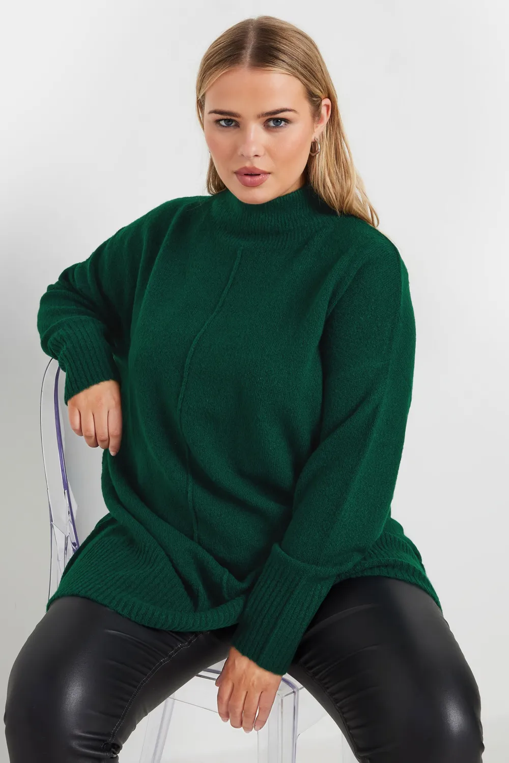 YOURS Curve Green High Neck Seam Detail Jumper