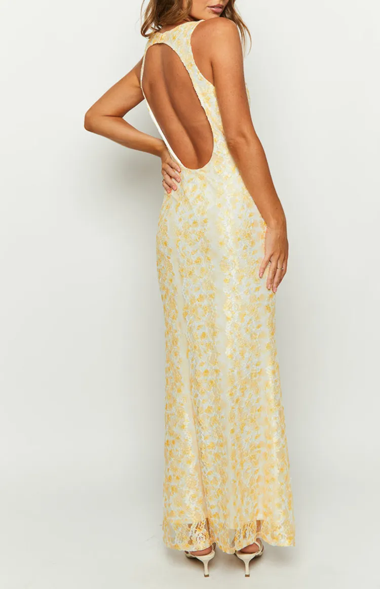 Yellow Floral Lace Maxi Dress