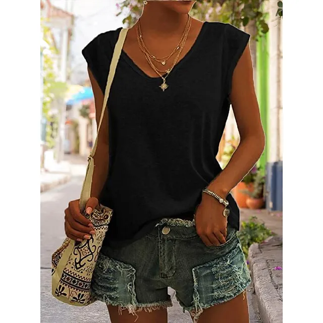 Women‘s Blouse T shirt Tee Basic Plain Daily V Neck Sleeveless Regular Summer Green White Black Blue Pink