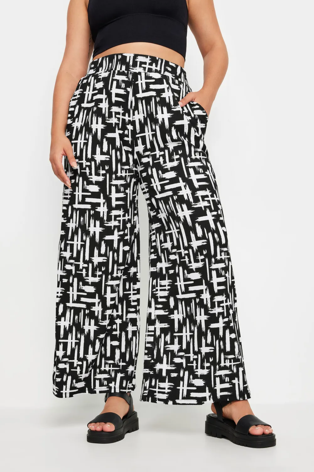 YOURS Curve Dark Grey Abstract Print Textured Wide Leg Trousers
