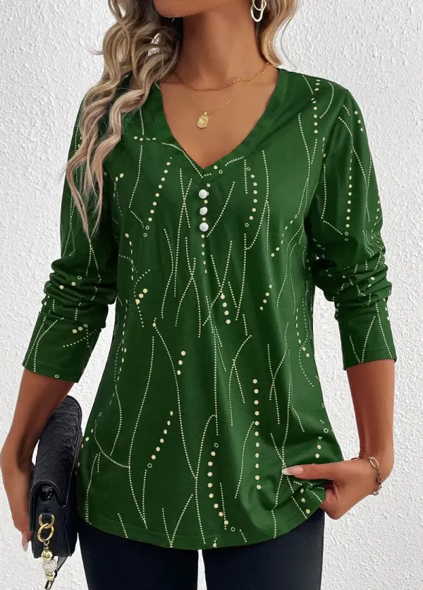 Green Button Geometric Print Long Sleeve T Shirt