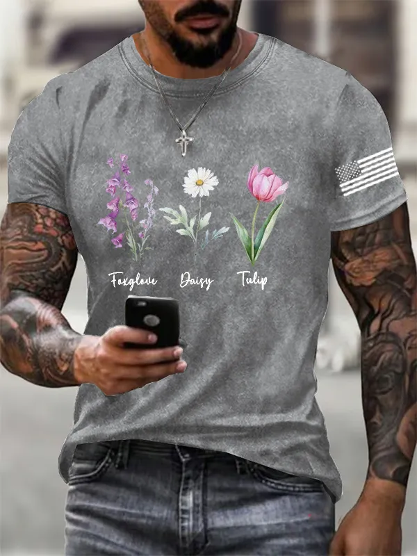 Men'S FDT Flowers Printed Cotton Washed T-Shirt