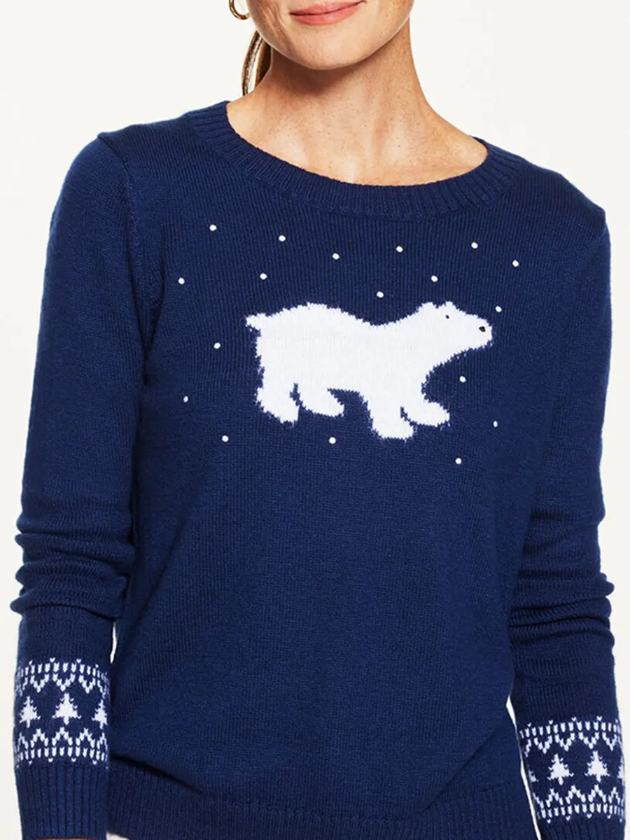 Lady'S Cute Polar Bear Pattern Crew Neck Knitted Sweater