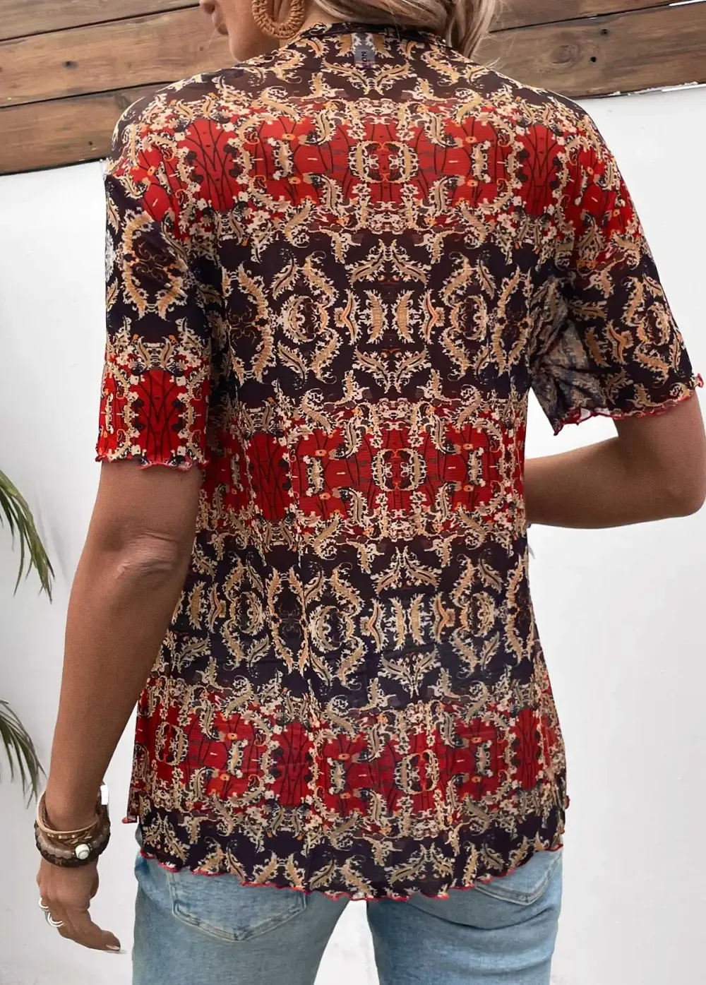 Multi Color Button Tribal Print Short Sleeve Blouse