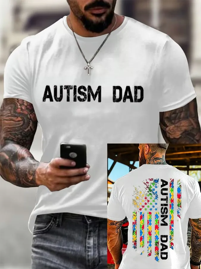 Men'S T-Shirt Men's Retro Autistic Dad Autism Awareness Printed Round Neck T-Shirt
