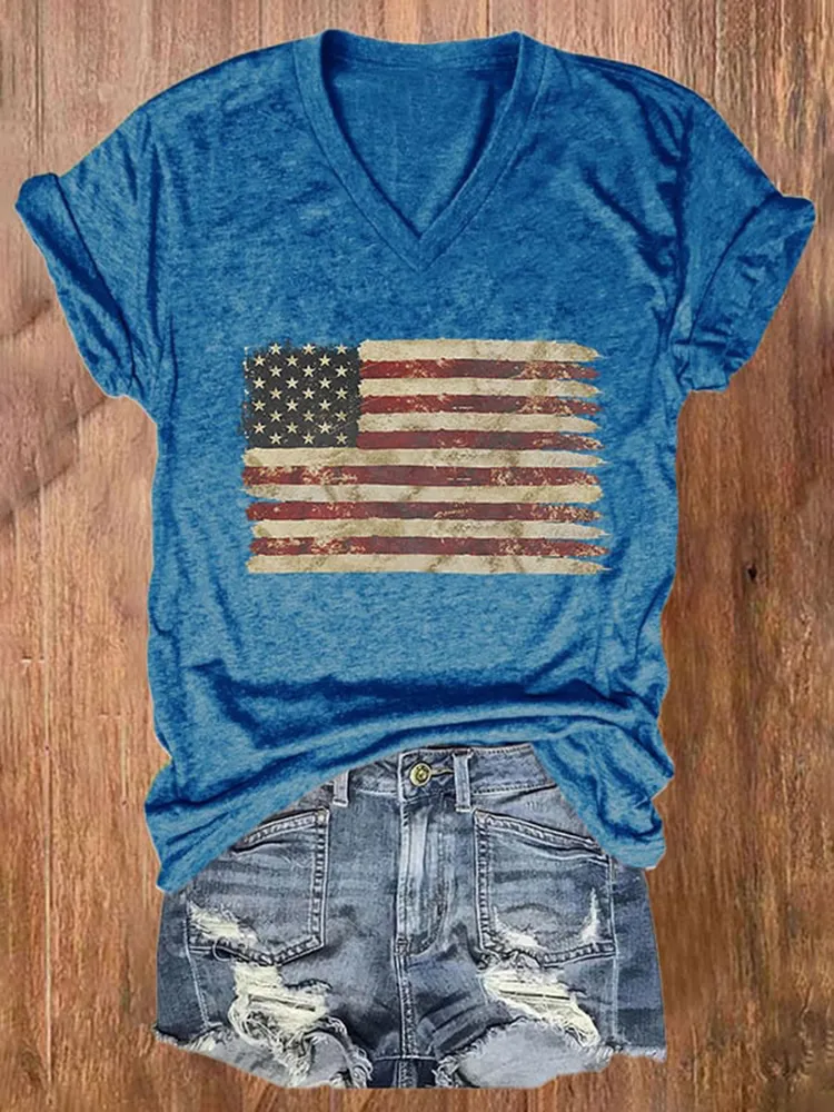 Women'S National Flag Pattern Print V-Neck Short-Sleeved T-Shirt