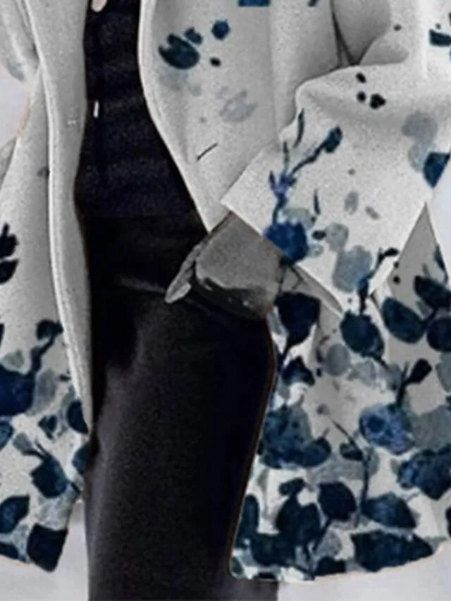 Women's Winter Coat Long Overcoat Floral Print Pea Coat Fall Mid Length Trench Coat Windproof Warm Single Breasted Lapel Wool Blend Jacket