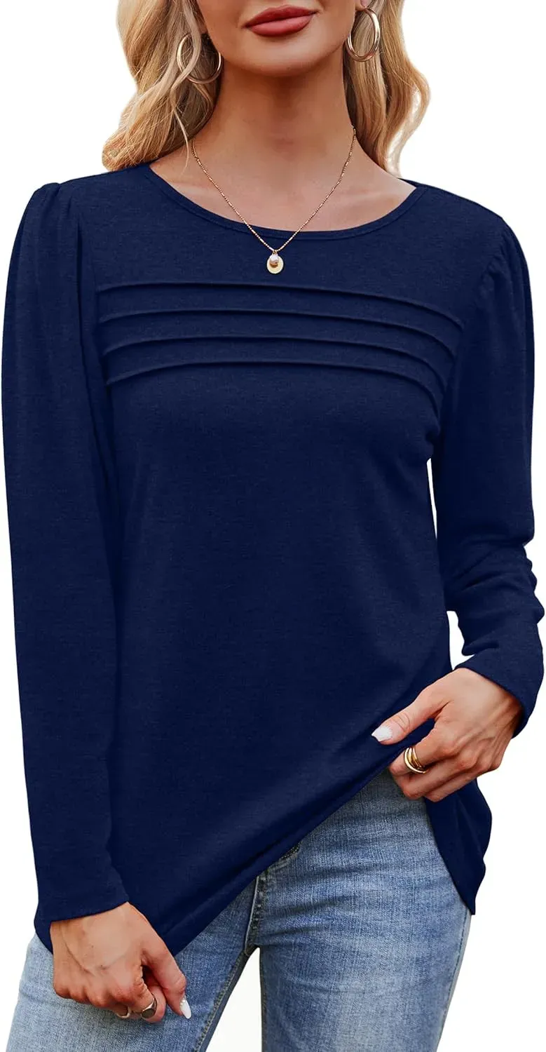 OFEEFAN Long Sleeve Shirts for Women Fall Fashion 2024 Dressy Casual Blouses Trendy Pleated Tunic Tops for Leggings