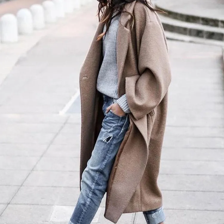 Elegant Long Sleeve Notch Collar Button Detail Oversize Maxi Wool Coat