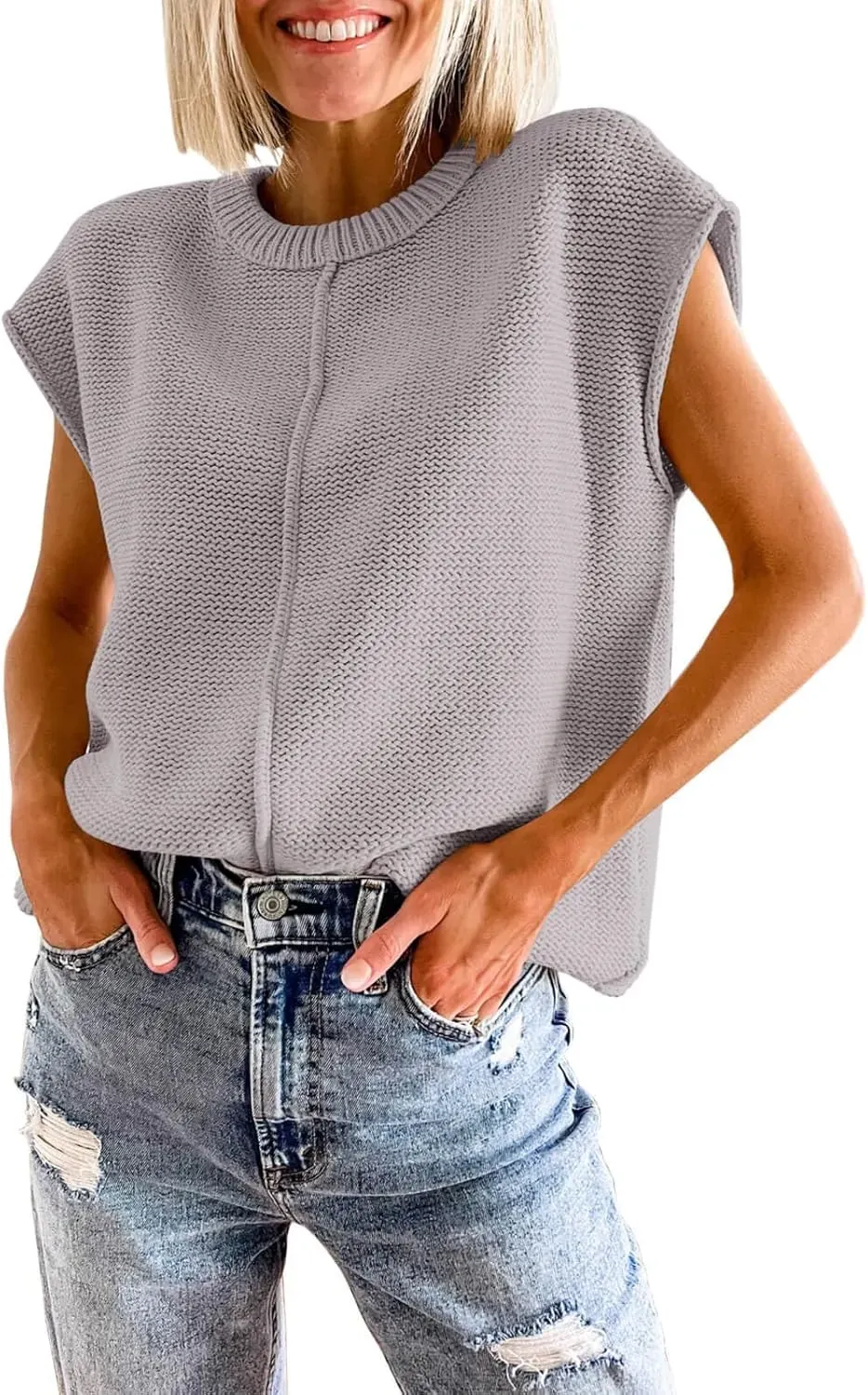 Saodimallsu Womens Summer Cap Sleeve Tops Casual Crew Neck Loose Fit Knit Lightweight Sweater Pullover Top