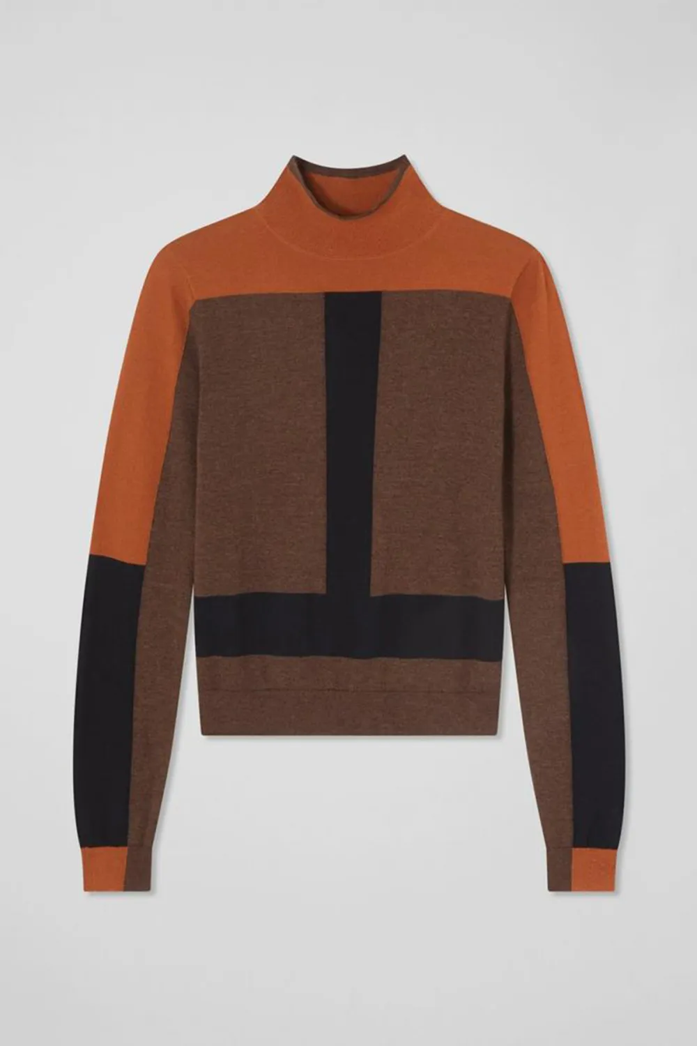 Brown Toned Color Blocked Turtleneck Knit Top