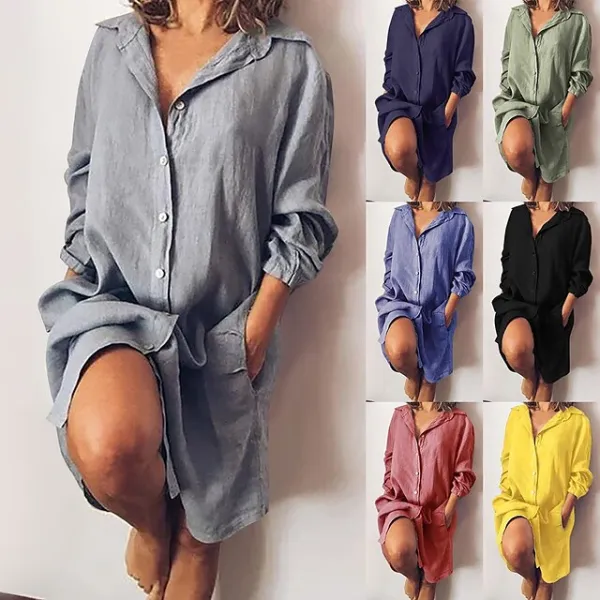 Women's Shirt Dress Casual Dress Cotton Linen Dress Midi Dress Cotton Blend Simple Basic Home Street Daily Shirt Collar Pocket Long Sleeve Summer Spring Fall 2023 Loose Fit Black White Yellow Pure