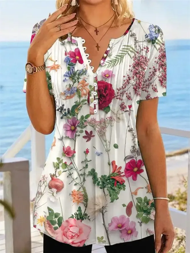 Women's Floral Printed Short Sleeve V-neck Top