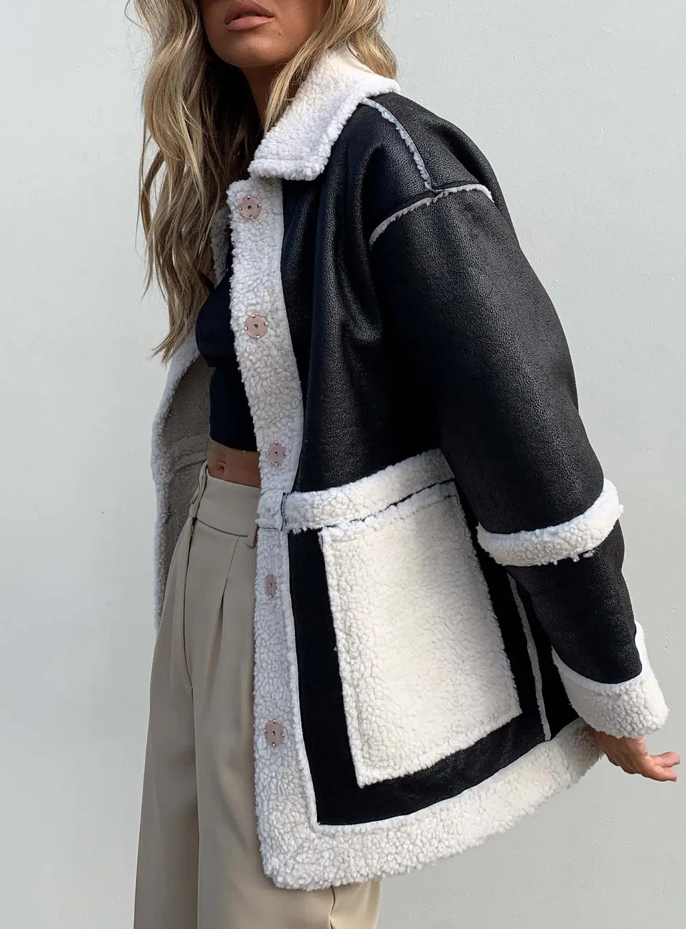 Contrast Panel Faux Leather Shearling Jacket