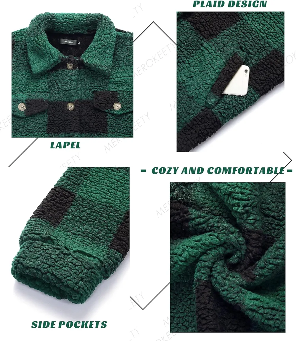 Women's Fleece Plaid Jacket Coats Button Down Lapel Sherpa Shacket Outwear with Pockets