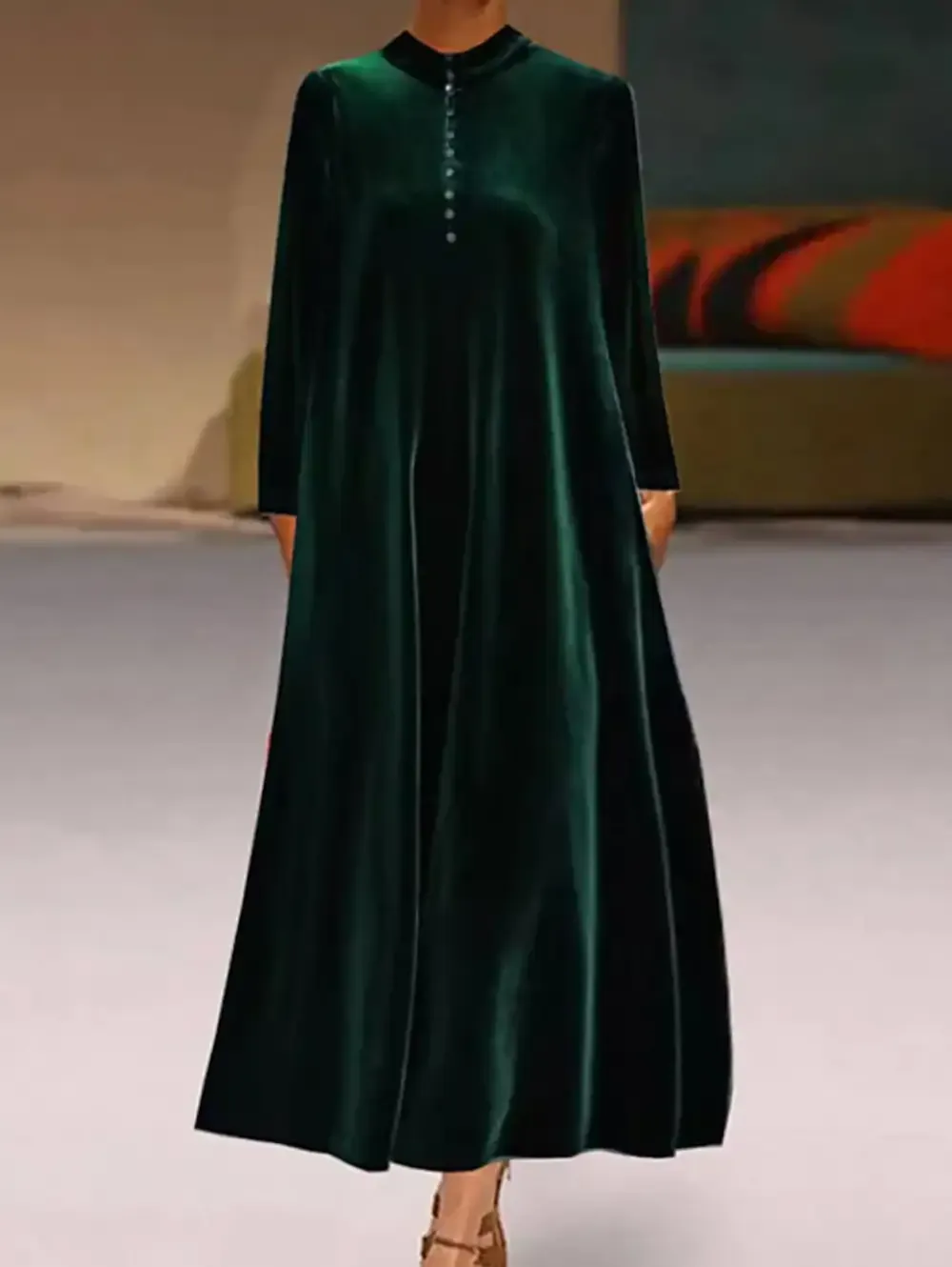 Mock Neck Buttoned  A-line Velvet Midi Dress