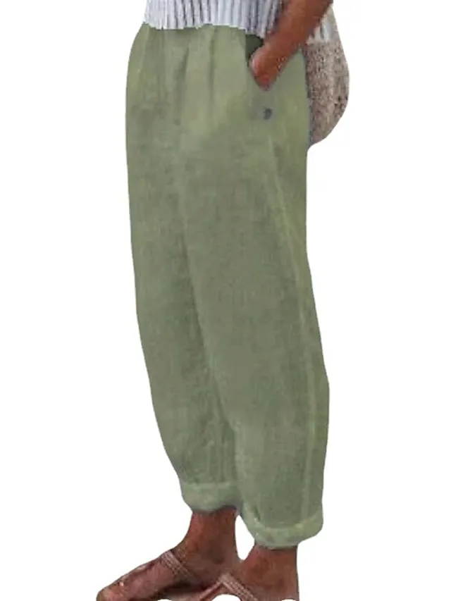 Women's Linen Pants Chinos Pants Trousers 100% Cotton Chinese Style Pleated Baggy Full Length Micro-elastic Mid Waist Casual Lounge Casual Daily White Sky Blue S M Spring &  Fall