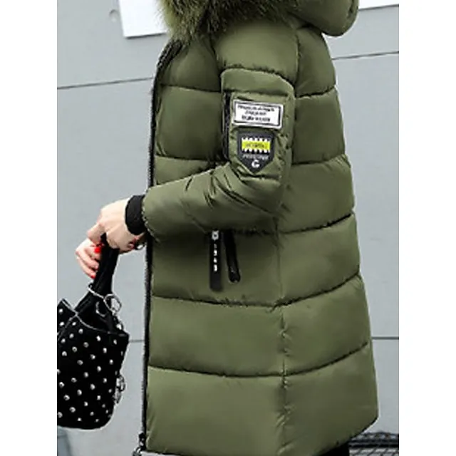 Women's Parka Long Puffer Jacket Windproof Thermal Warm Heated Coat with Pockets Winter Coat with Fur Collar Hood Long Sleeve Full Zip Black White Pink