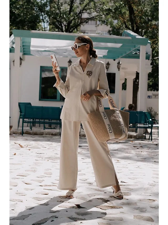 Women's Shirt Pants Sets Black Dark Navy Camel Plain Long Sleeve Casual Daily Vintage Fashion Streetwear V Neck Regular Fit Fall & Winter