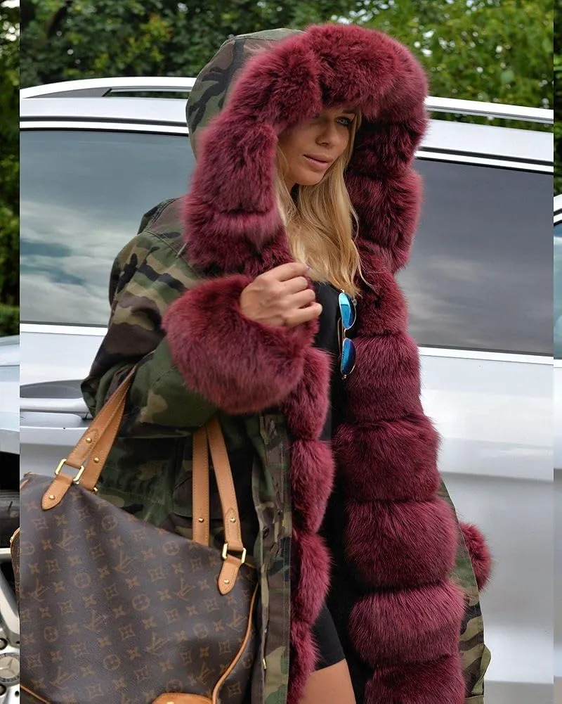 Womens Hooded Camouflage Warm Winter Coats Faux Fur Jacket Parka Overcoat
