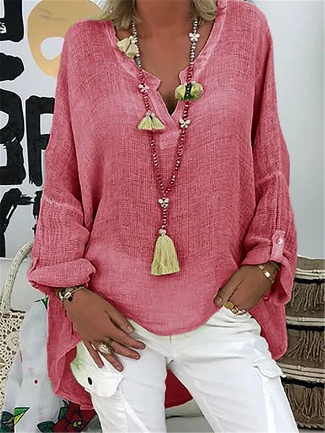 Women's Shirt Blouse Linen Black White Pink Plain Long Sleeve Casual Basic V Neck Regular Fit Spring Fall