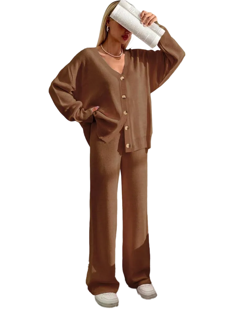 Women's Solid Color Off-Shoulder V-Neck Cardigan & Wide-Leg Pants 2-Piece Loungewear Set