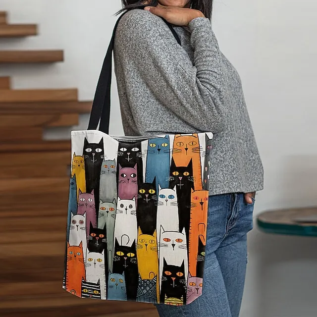 Women's Tote Shoulder Bag Canvas Tote Bag Customize Polyester Shopping Holiday Print Large Capacity Foldable Lightweight Cat Black / White Black / Red Custom Print