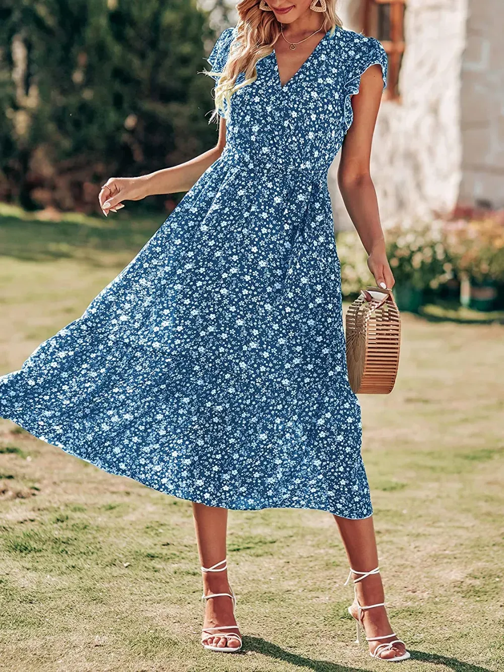 Women Summer Bohemian Floral Casual Wrap V Neck Ruffle Cap Sleeveless Belt A-Line Pleated Hem Swing Midi Sun Dress
