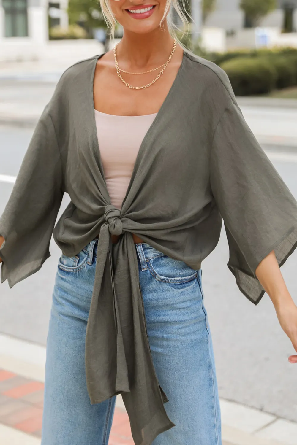 Enchanting Presence Olive Tie-Front Blouse