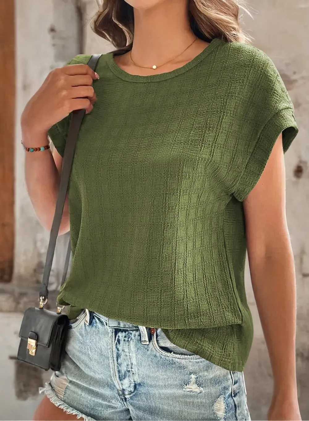 Dokotoo Tops for Women Trendy Summer Casual Cap Short Sleeve Basic Textured Solid Color Round Neck T Shirts Blouse