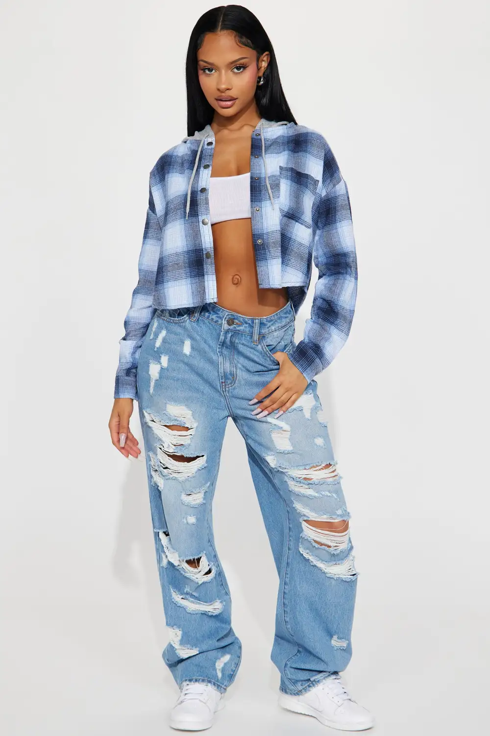 Fearless Cropped Plaid Shirt  - Blue/combo