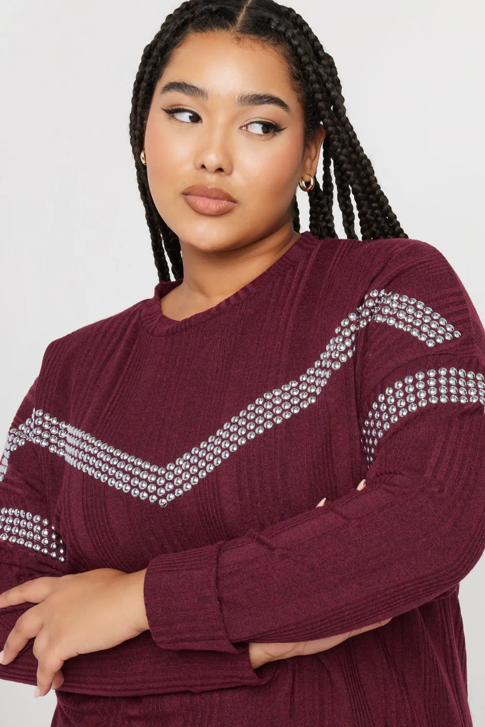 YOURS Curve Grey Ribbed Chevron Stud Jumper