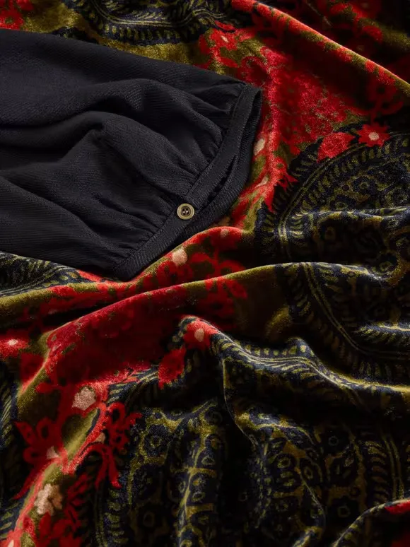 Velvet Mix Dress In Green Print