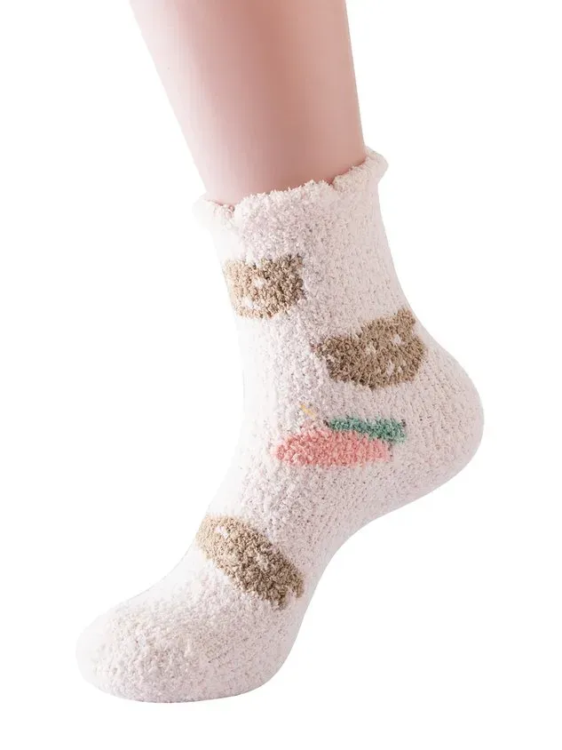 Polka-dot Bear Heart-shaped Graphics Warm Plus Velvet Coral Fleece Floor Socks