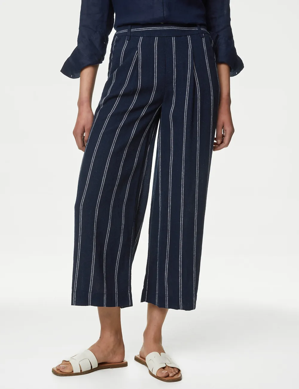 Linen Striped Wide Leg Trousers
