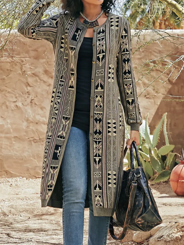 Geometric Vintage Autumn Polyester Micro-Elasticity Loose Best Sell Long sleeve H-Line Overcoat for Women